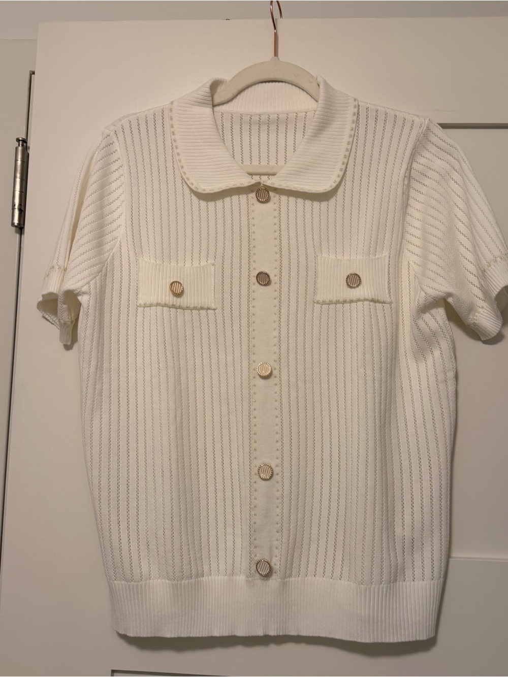 Women’s White Ribbed Knit Button Front Polo Sweater Top Size Large